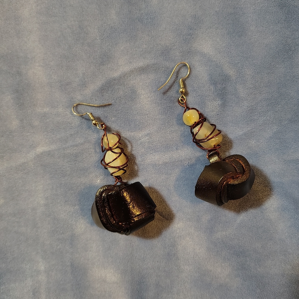 Handmade ONE by Neville Bean Vintage Bead and Leather Button Dangle Earrings